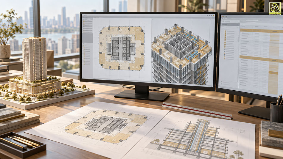 Minh họa đối chiếu bảng diện tích với mặt bằng và mô hình BIM công trình cao tầng
